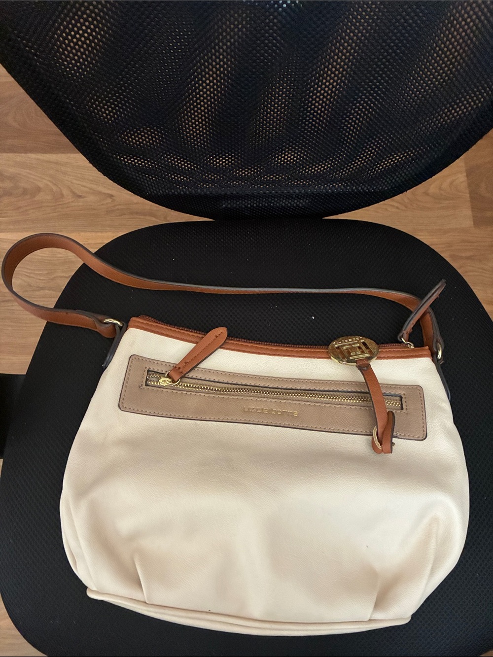 Liz Claiborne Cream and Brown Leather-Trim Shoulder Bag